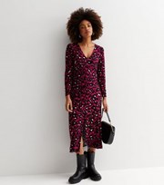 New Look Pink Leopard Print Jersey V Neck Long Sleeve Button Front Midi Dress